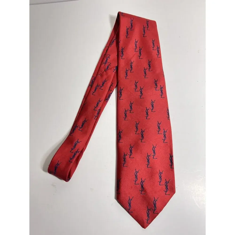 VINTAGE Yves Saint Laurent EUC Red Allover Monogram 100% Silk Tie 56